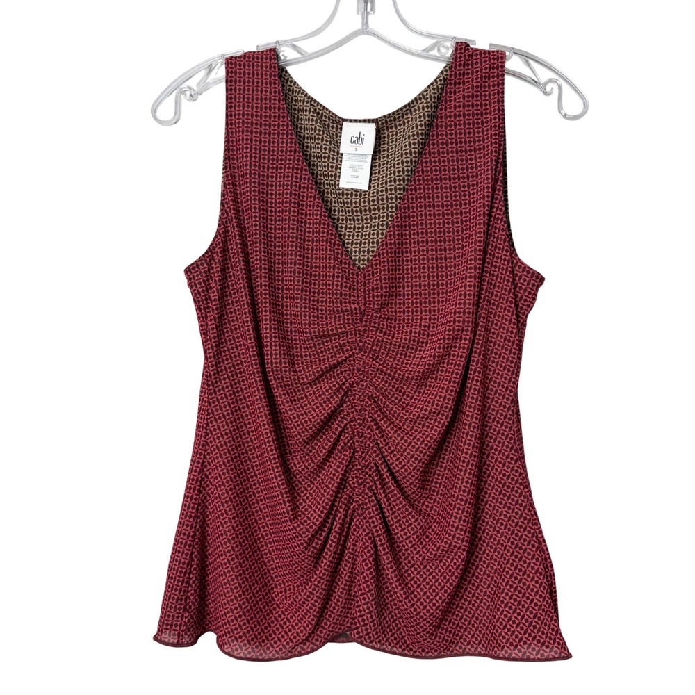 Cabi Sassy Reversable Tank Womens S Red Brown Geo Tile Print Ruched Boho 4549